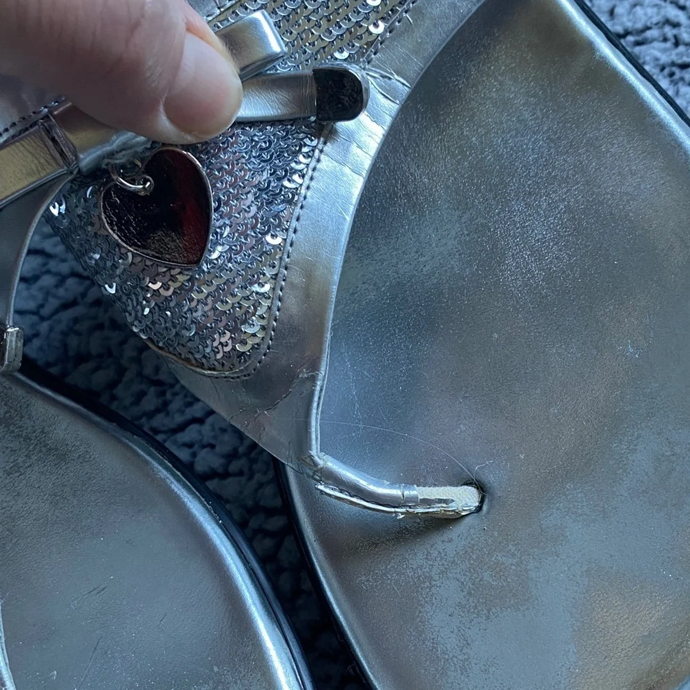 Guess Metallic Silver Sequin Wedge Sandals with Heart Charm